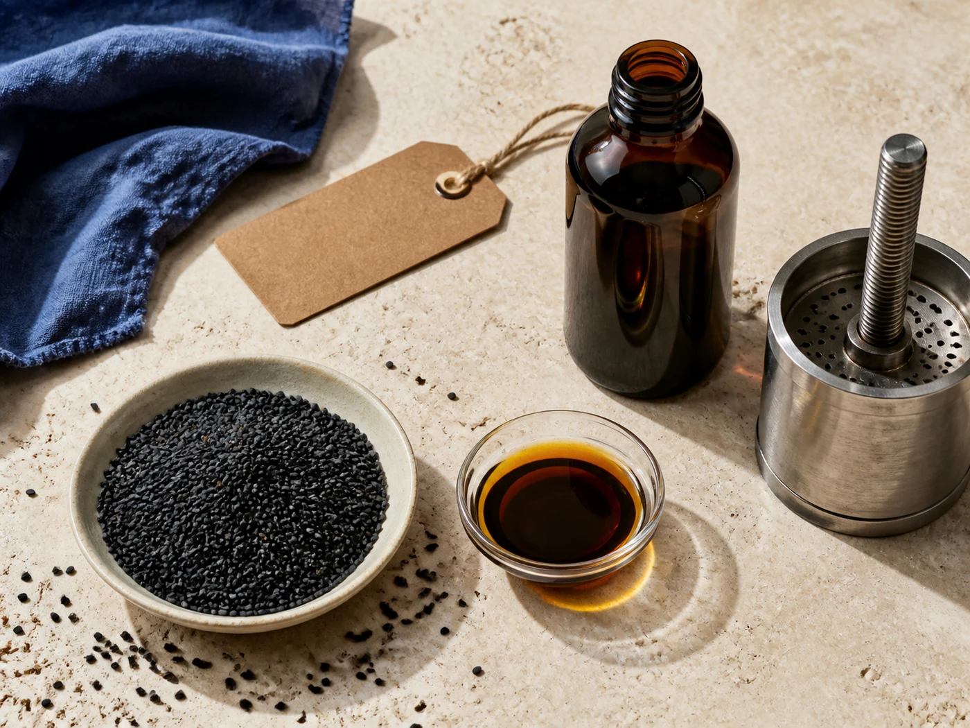 Graines de nigelle, huile ambrée et éléments de pression sur une table claire