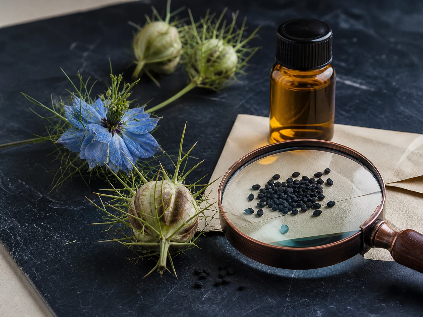 Fleur et graines de nigelle observées à la loupe à côté d’un flacon ambré