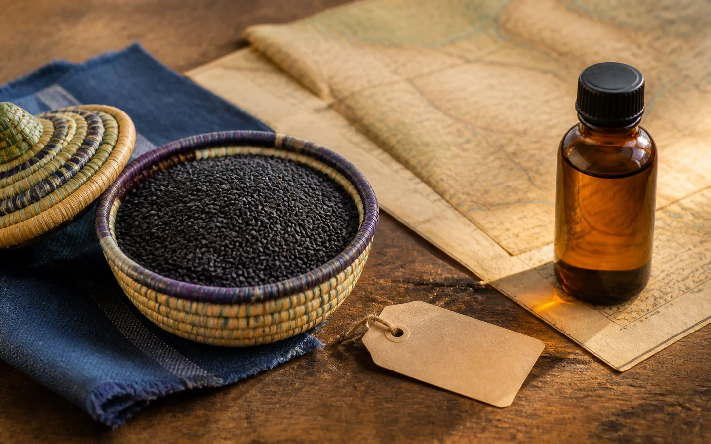 Graines de nigelle, flacon ambré et repères d'origine