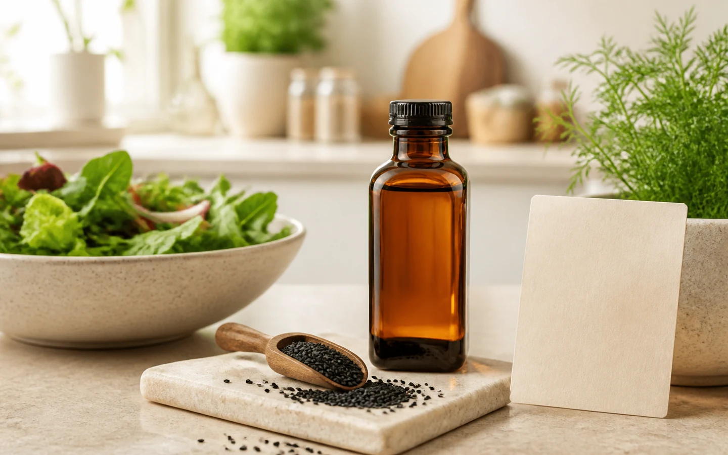 Flacon d'huile de nigelle dans un contexte culinaire