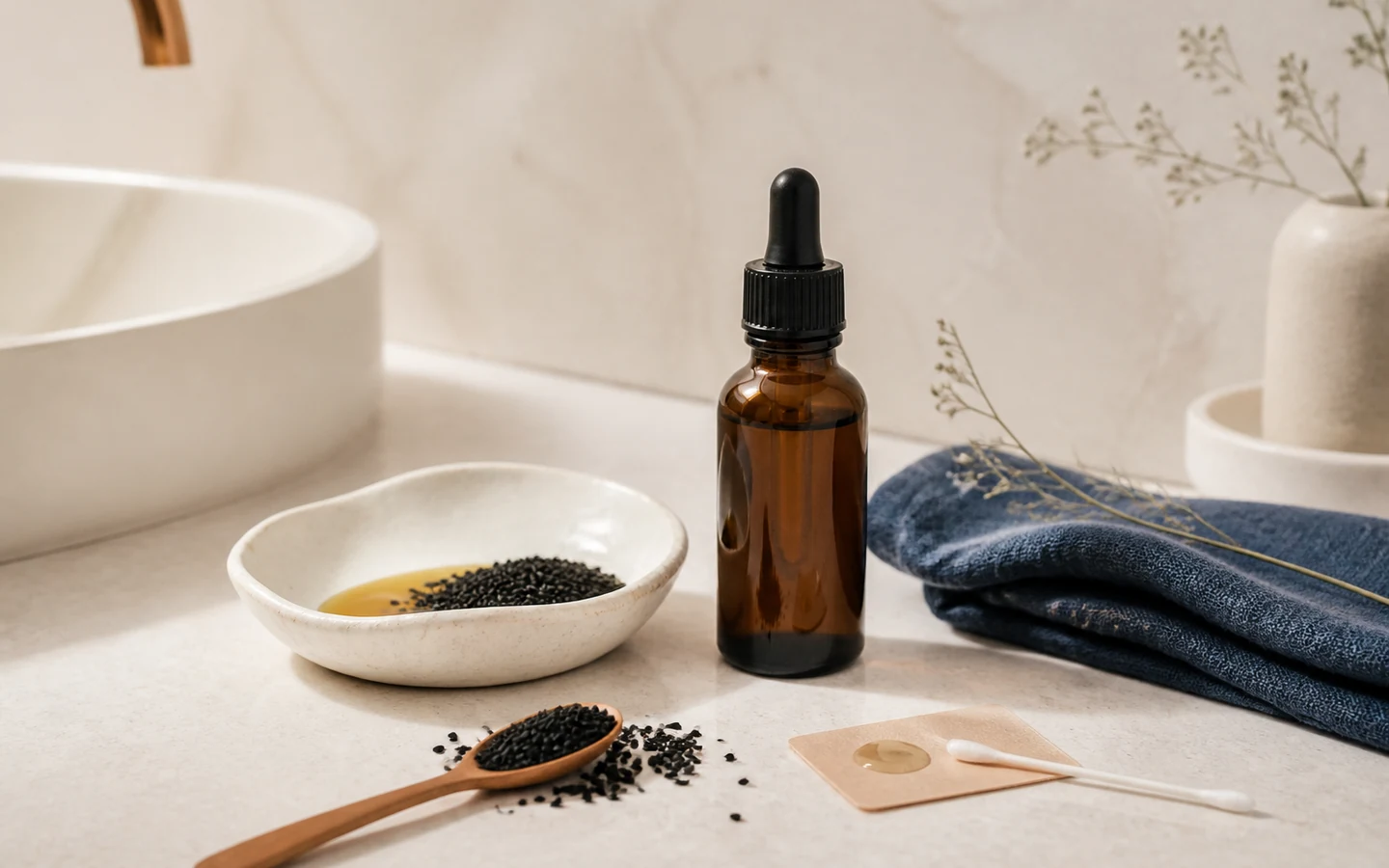 Flacon compte-gouttes d'huile de nigelle dans un contexte cosmétique