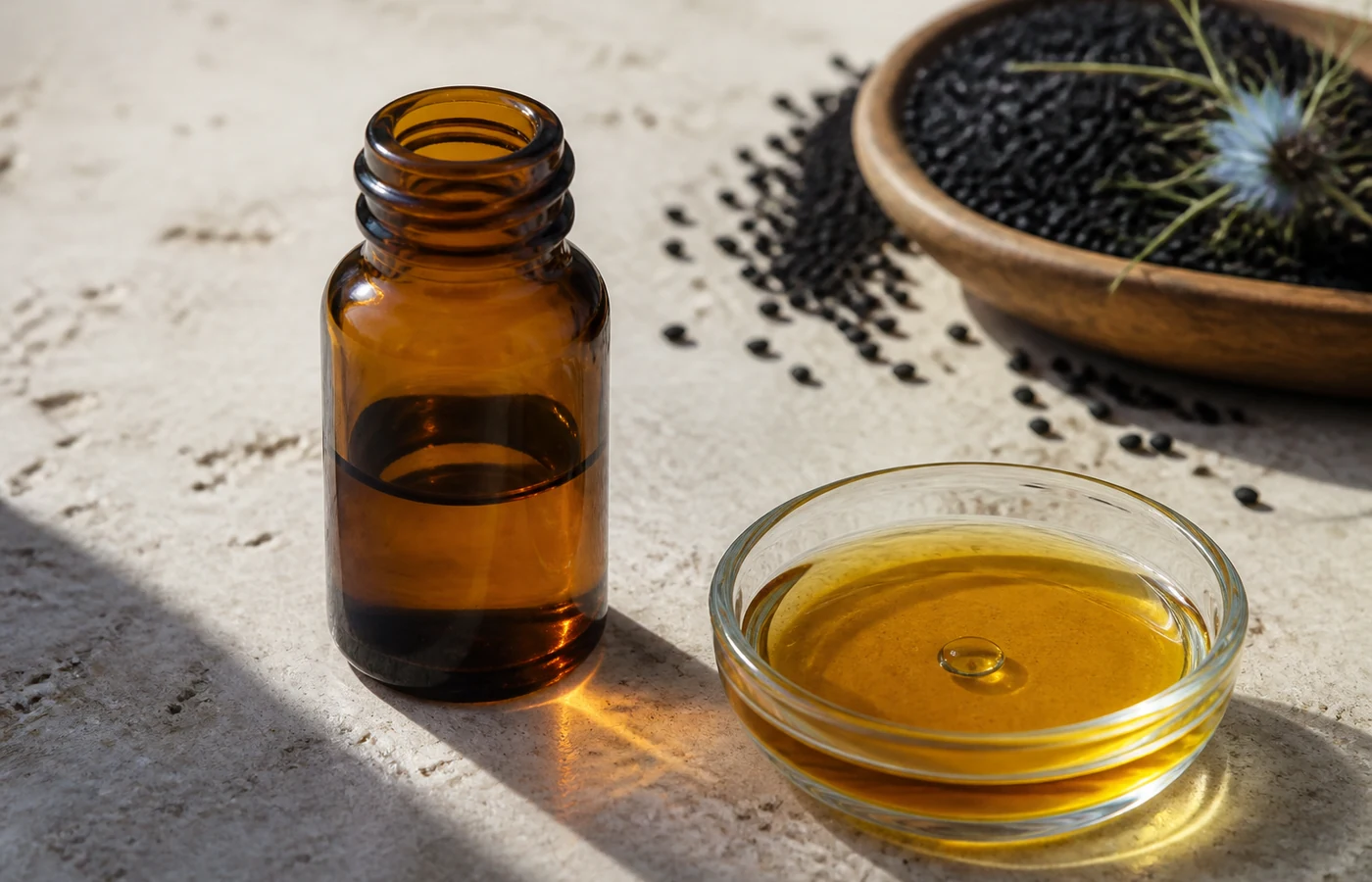 Huile ambrée de nigelle dans un flacon brun et une coupelle en verre